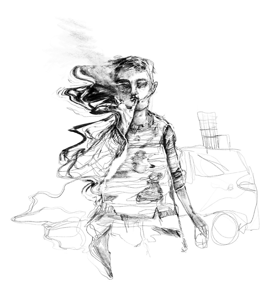 Kahpe dünya illüstrasyonu, sigara içen dertli çocuk